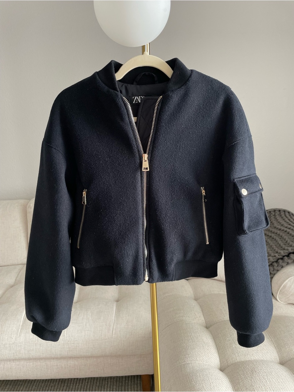 Zara Padded Felted Short Bomber Jacket Pockets Ribbed Trim Navy Blue Gold